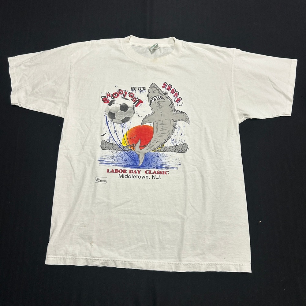 Vintage Diadora Soccer Shootout at the Shore Shark T-Shirt White Large NJ Soccer